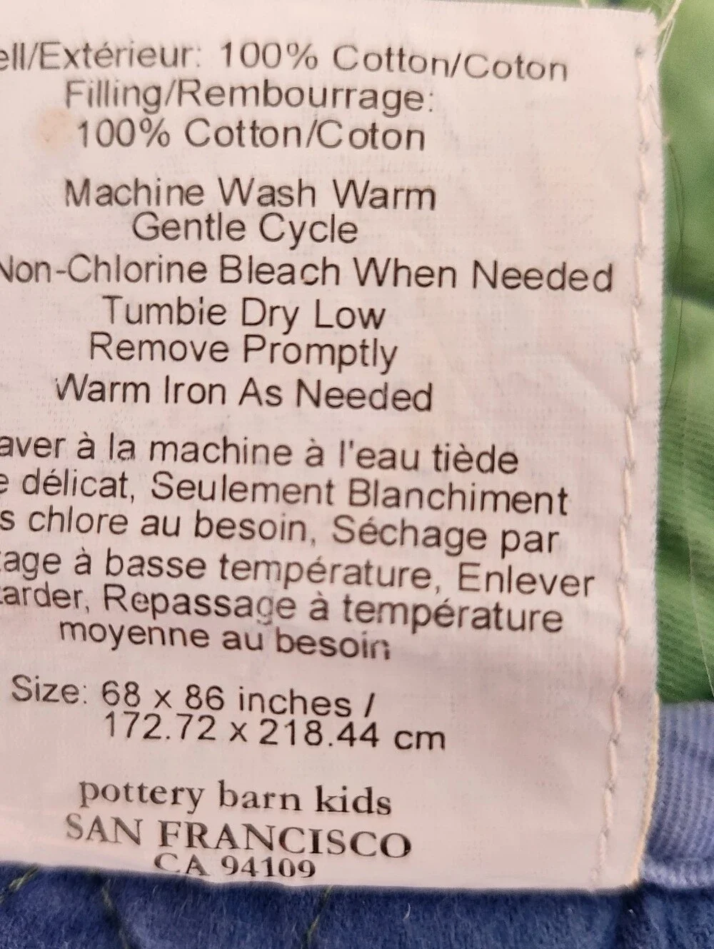 POTTERY BARN Kids Quilt Twin Green Blue 68 x 86 Cotton Reversible